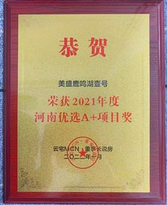 2021年度河南優(yōu)選A+項目獎 美盛·鹿鳴湖壹號